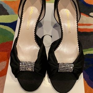 Carlos Black Satin Open Toe Heels